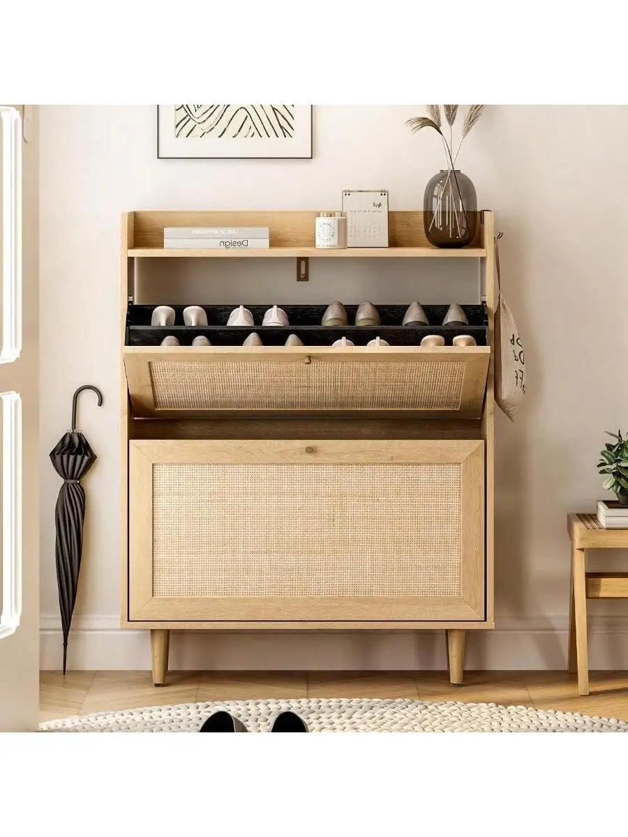 Rattan Storage Shoe Cabinet with 2 Flip Drawers Farmhouse Freestanding Organizer with Wooden Legs Boho Hidden Narrow Sho 5