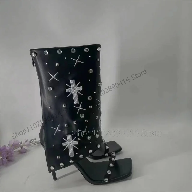 

Crystal Rivets Decor Black Turned Over Sandals Boots Back Zipper Women Shoes Thin High Heels Open Toe 2024 Zapatos Para Mujere