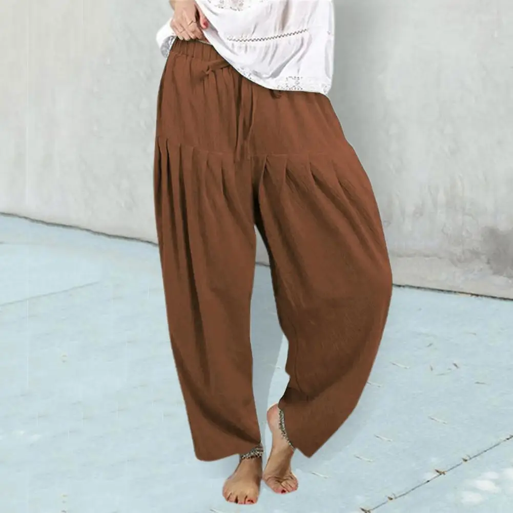 

Cotton Linen Loose Drawstring Women's Pants Wide-Leg High Waist Trousers Women Korean Solid Pocket Female Stretch Straight Pants