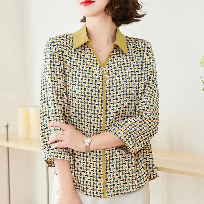 Commute Turn-down Collar Shirt Fashion Plaid Printed Women's Clothing Casual Loose Spliced 2023 Spring Summer 3/4 Sleeve Blouse