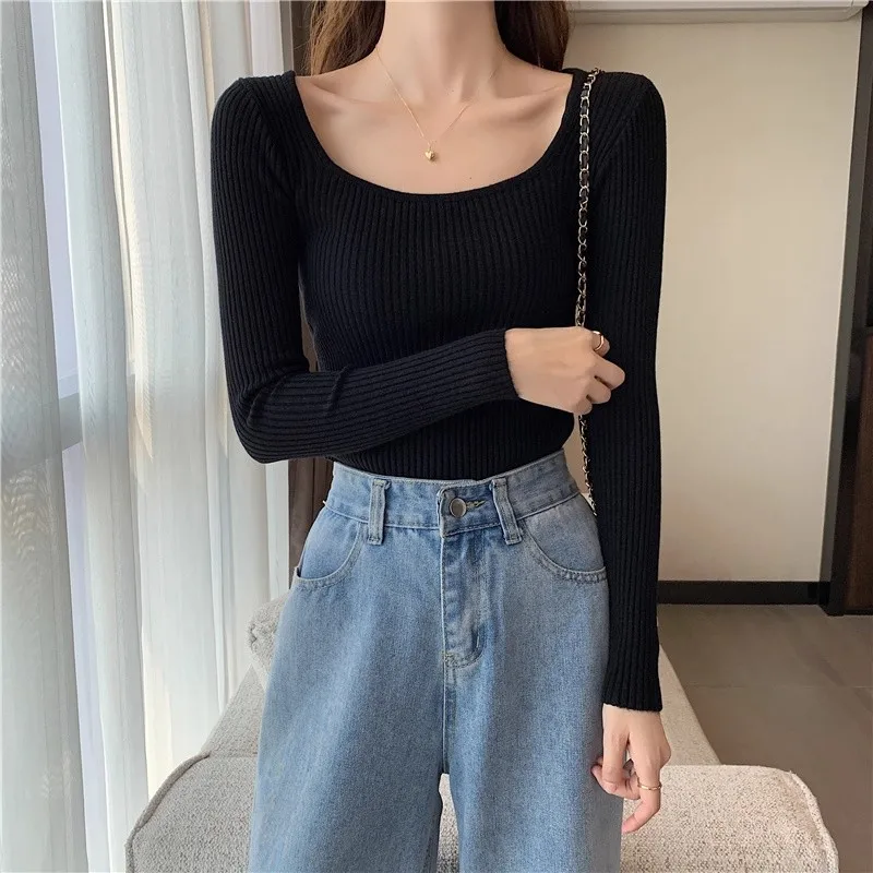 Frauen Grundlegende Solide Square-neck Pullover Hohe Qualität Slim Fit Beiläufige Gestrickte Pullover Herbst Winter Langarm Basis Schicht tops – Detail 1