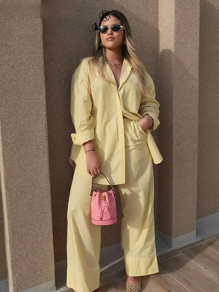 HH Women Yellow Stripe Blouse Pant Suit Loose  Long Sleeve Shirt Drawstring Trousers 2024 Female Fashion Streetwear Outfits