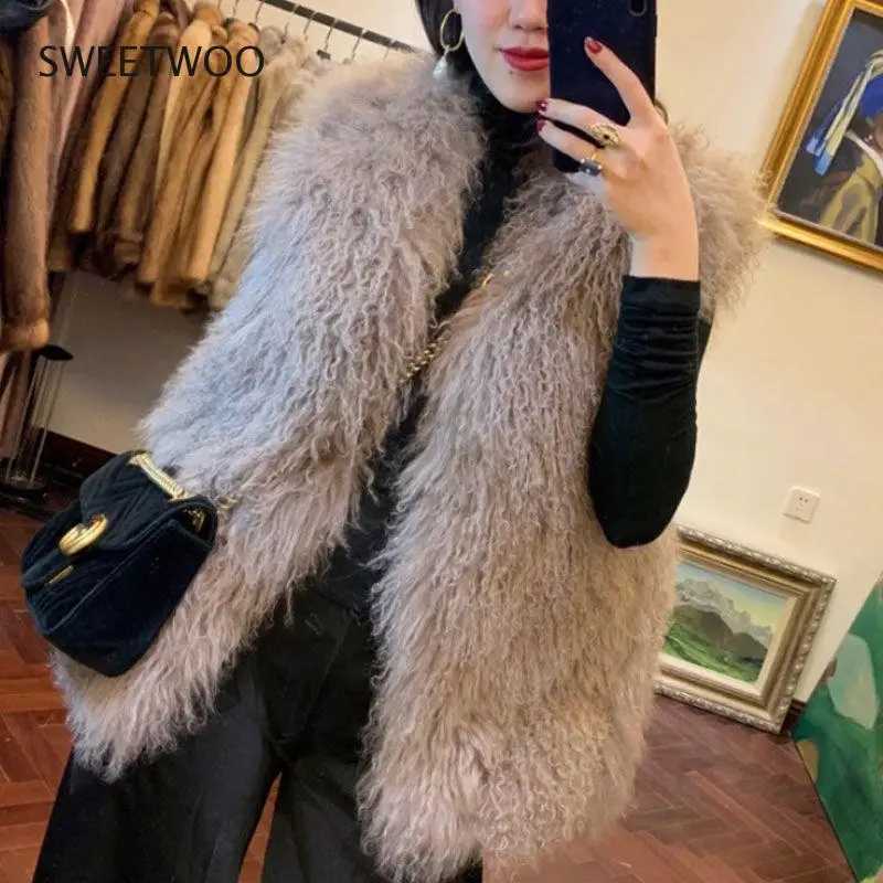 Luxury Thick Warm Mongolia Sheep Faux Fur Vest Customize Size Oversize Big Size Women New Winter Hot V Neck Sexy Fur Coat 2022