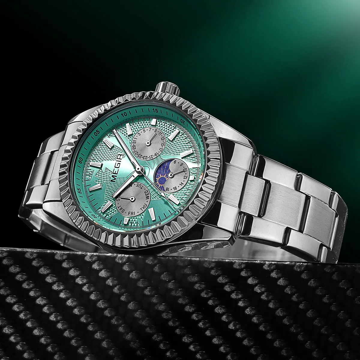 Elegant Men's Fashion Quartz Watch with Luminous Display, Day-Date, 24-Hour Moon Phase, and Stainless Steel Band