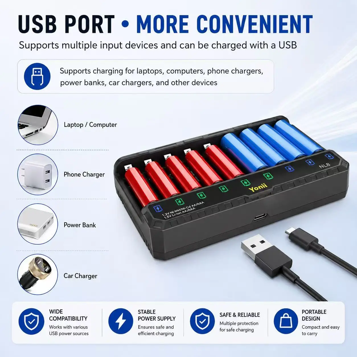 Chargeur Batteries Drone 8 Emplacements Indépendants Ni-MH Li-ion AA/AAA