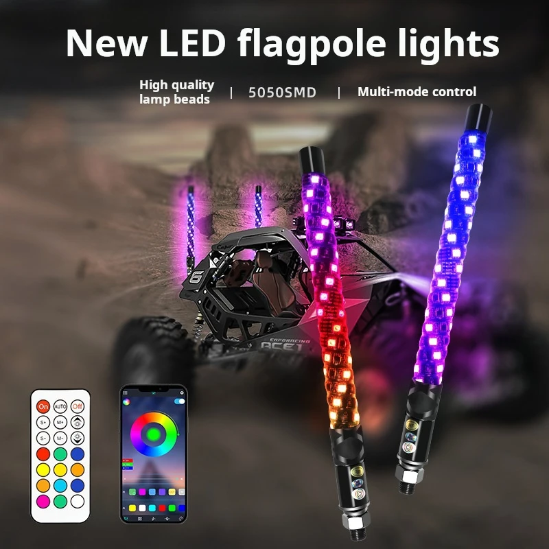 2PCS Bluetooth App LED Flagpole Whip Lights 1FT Adjustable With DrivingTurning brake light Mode for ATV UTV, Off RZR Buggy Dune