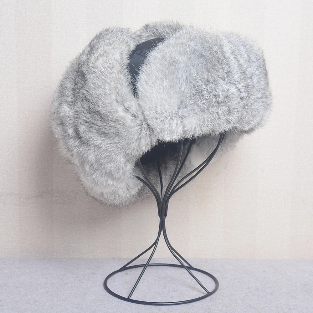 Russia Winter Real fur Hat Men Outdoor Windproof Super Warm Real Rabbit Fur Bomber Hats Natural Soft Natural Rabbit Fur Caps