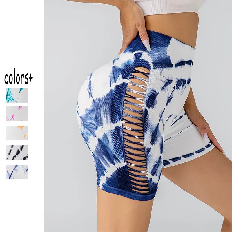 

Tie Dye Yoga Shorts Hollow Out Women Push Up Sports Short Pants Fitness Tights High Waist Seamless Traning Workout Booty Shorts