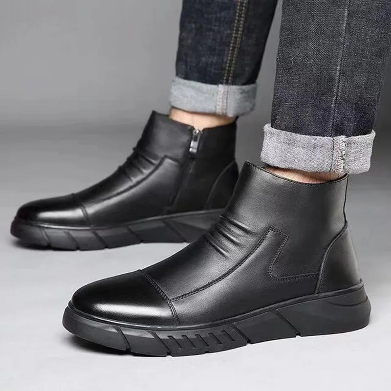 

Business Chelsea Boots Mens Winter Ankle Boots Men Leather Zipper Side Thick Fur Snow Boots Men Winter Shoes 658