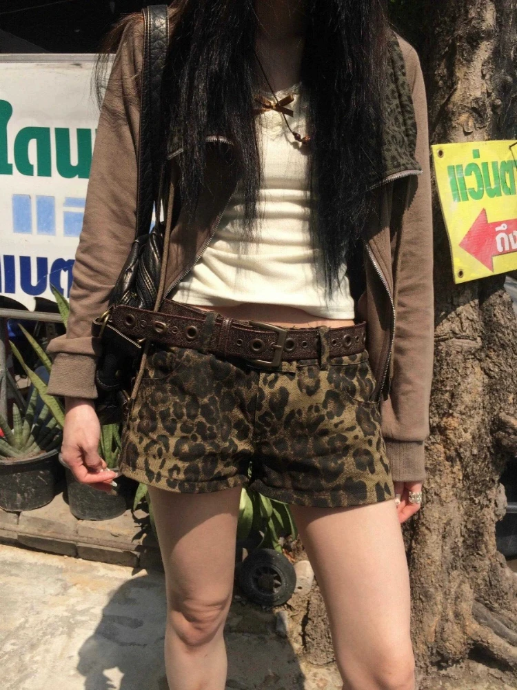ADAgirl Sexy Leopard Print Denim Shorts Women Vintage Y2k Low Waist Gyaru Streetwear Summer Causal Chic Mujer Retro Short Jeans