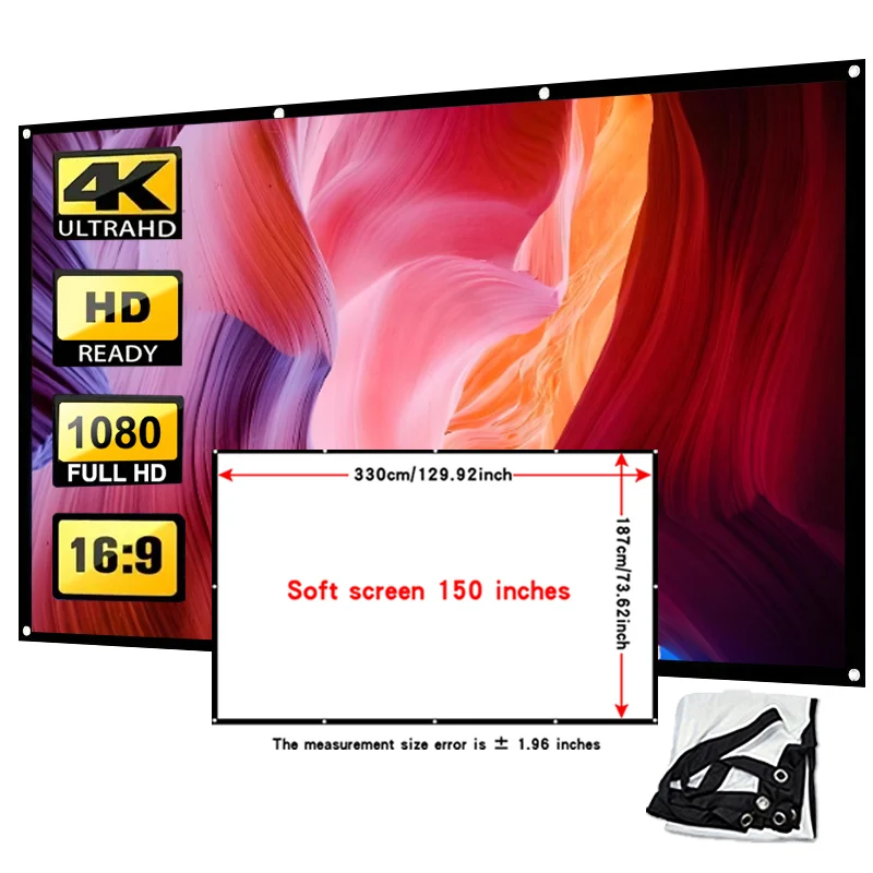 Açık havada, kapalı alanlarda ve ev sinemaları için 150 inç 16:9 çift taraflı projeksiyon sağlayan basit ekranlı taşınabilir bir projektör.