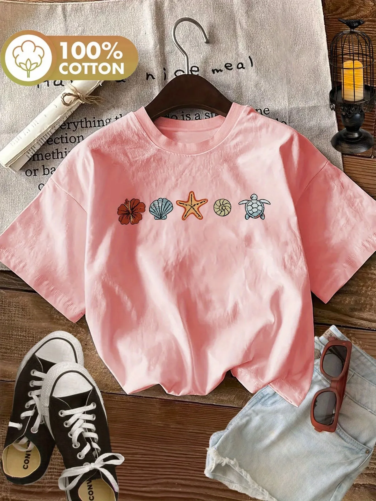 Vintage Buntes Ozeanmuschel-Grafik-T-Shirt aus Baumwolle für Damen, Sommer, Retro-Ästhetik, Harajuku-Streetwear-Stil, lässig, kurzärmelig