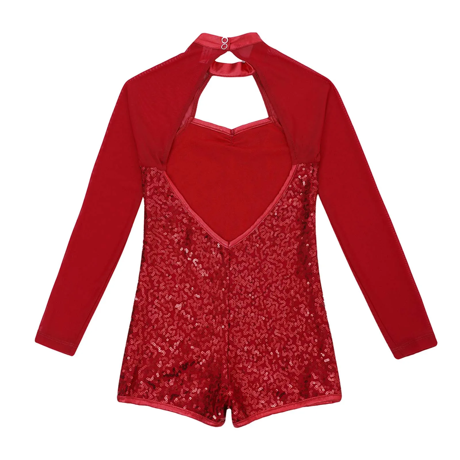 Gymnastic Leotards Kids Girls Mesh Splice Long Sleeve Backless Sparkle Sequins Dance Unitard Leotards Children Dancing Jumpsuit