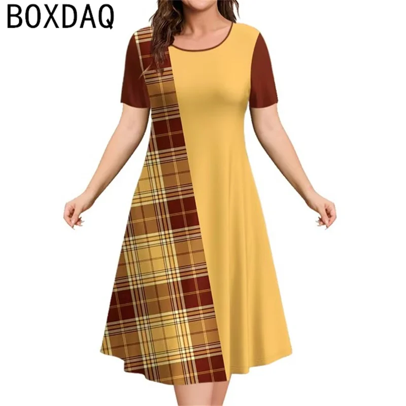 Womens Vintage Dress 3D Plaid Print A-line Dress Summer Short Sleeve O-Neck  Casual Dress Lady Oversized Vacation Elegance Dress - AliExpress 200000345