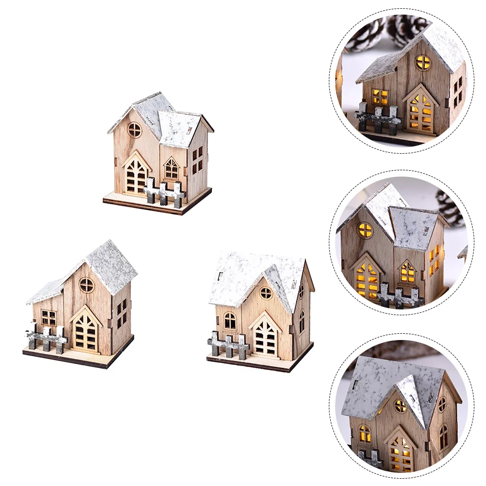 

3 Pcs Desktop Christmas Wooden House Puzzle Ornaments Village Scene Electronic Component Themed Decor