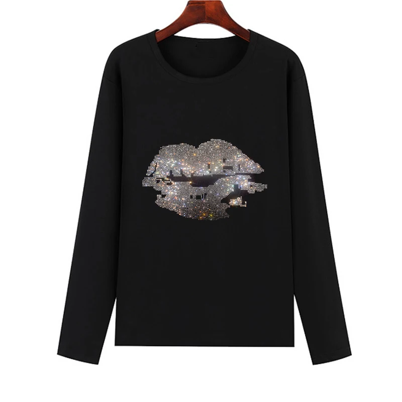 

Shiny Rhine stone lipstick lady autumn long-sleeved T-shirt casual fashion loose cotton T-shirt