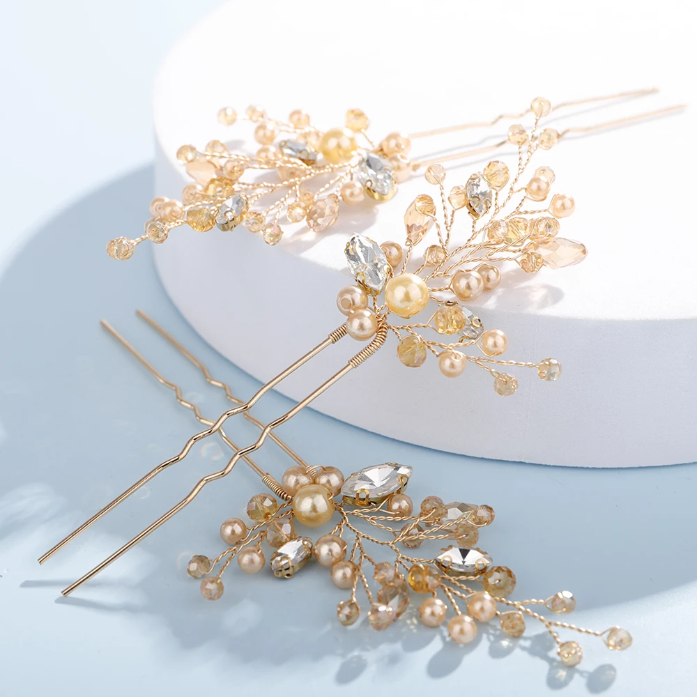 Pearl Rhinestone Bridal Headpiece Handmade Silver Gold Wedding Hair Pins Party Hair Accessories for Women and Girls Tiaras 3 Pcs