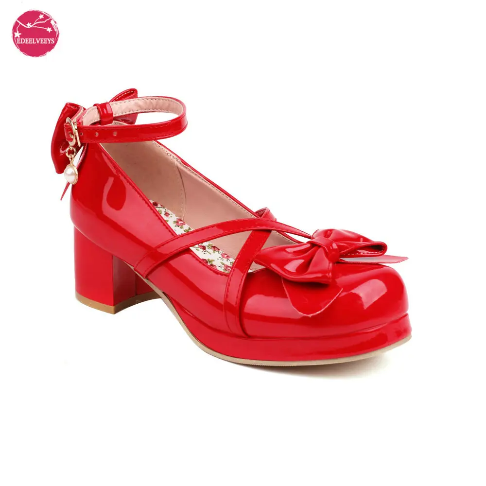 Glänzend Patent Leder Lolita Schuhe Frauen Rot Braut Hochzeit Party Strappy Plattform Mary Janes Pumps Riemchen Block Cuban Heels