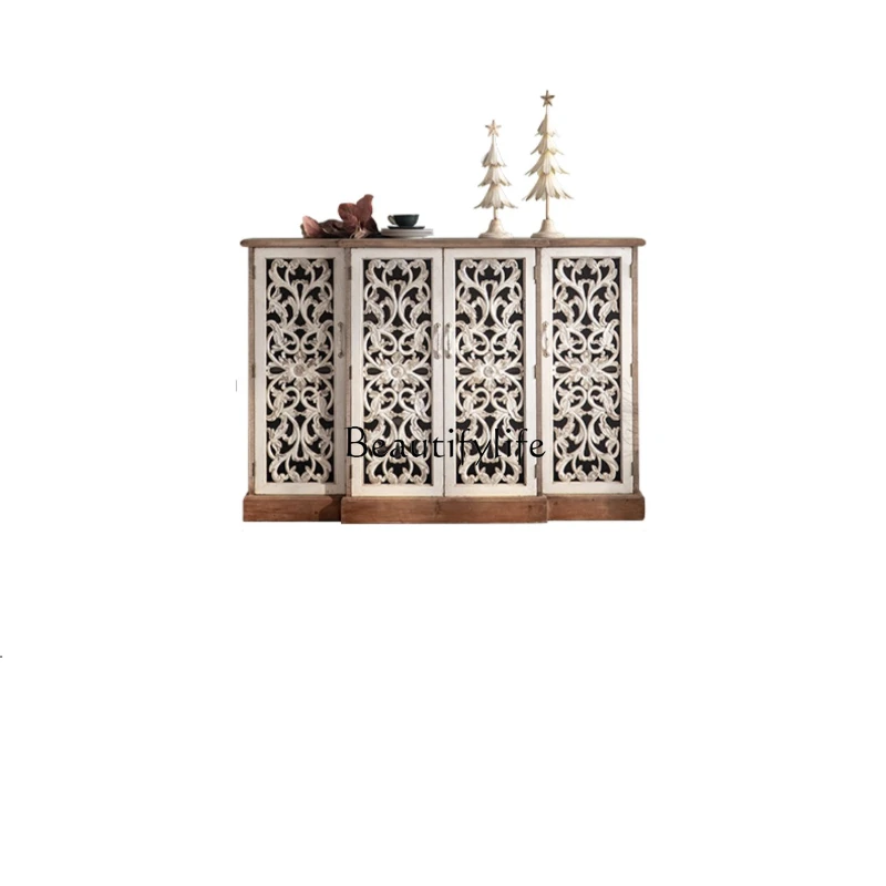 

Retro American Style Home Entrance Cabinet Carved Hollow Door Solid Wood Storage Organizer