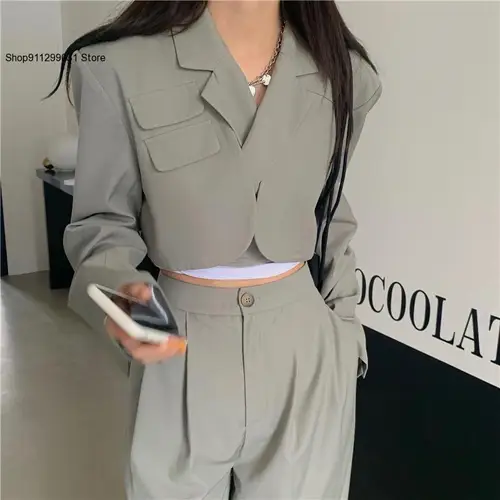 여성 섹시한 새로운 세련된 자르기 블레이저 재킷 & 높은 허리 바지 정장 넓은 다리 바지 복장, 여성 여름 패션 2 피스/세트 5