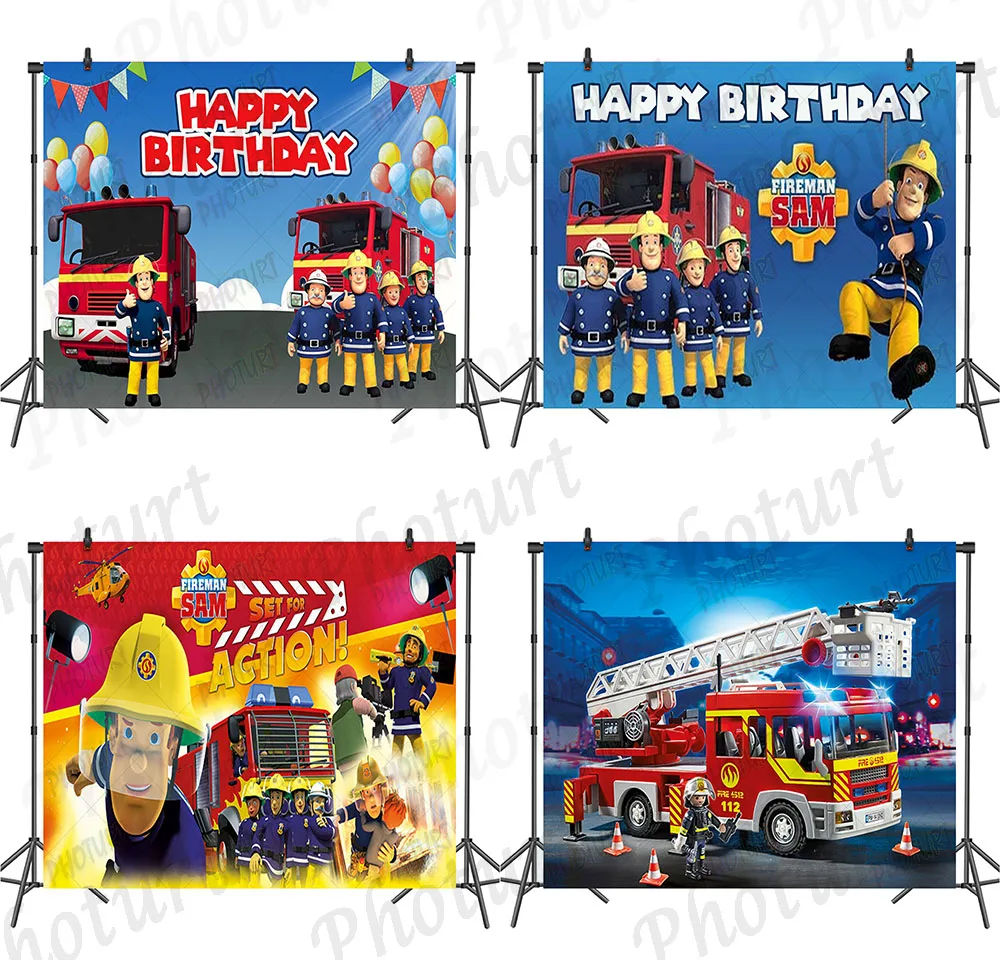 

PHOTURT Fireman Sam Backdrop Kids Birthday Party Photography Banner Fire Truck Balloon Flag Vinyl Photo Background Props