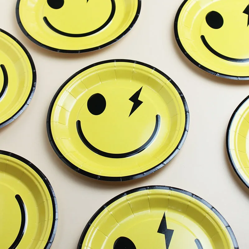 Ten pieces cute smiley face plates picnic party birthday party dessert cake plate