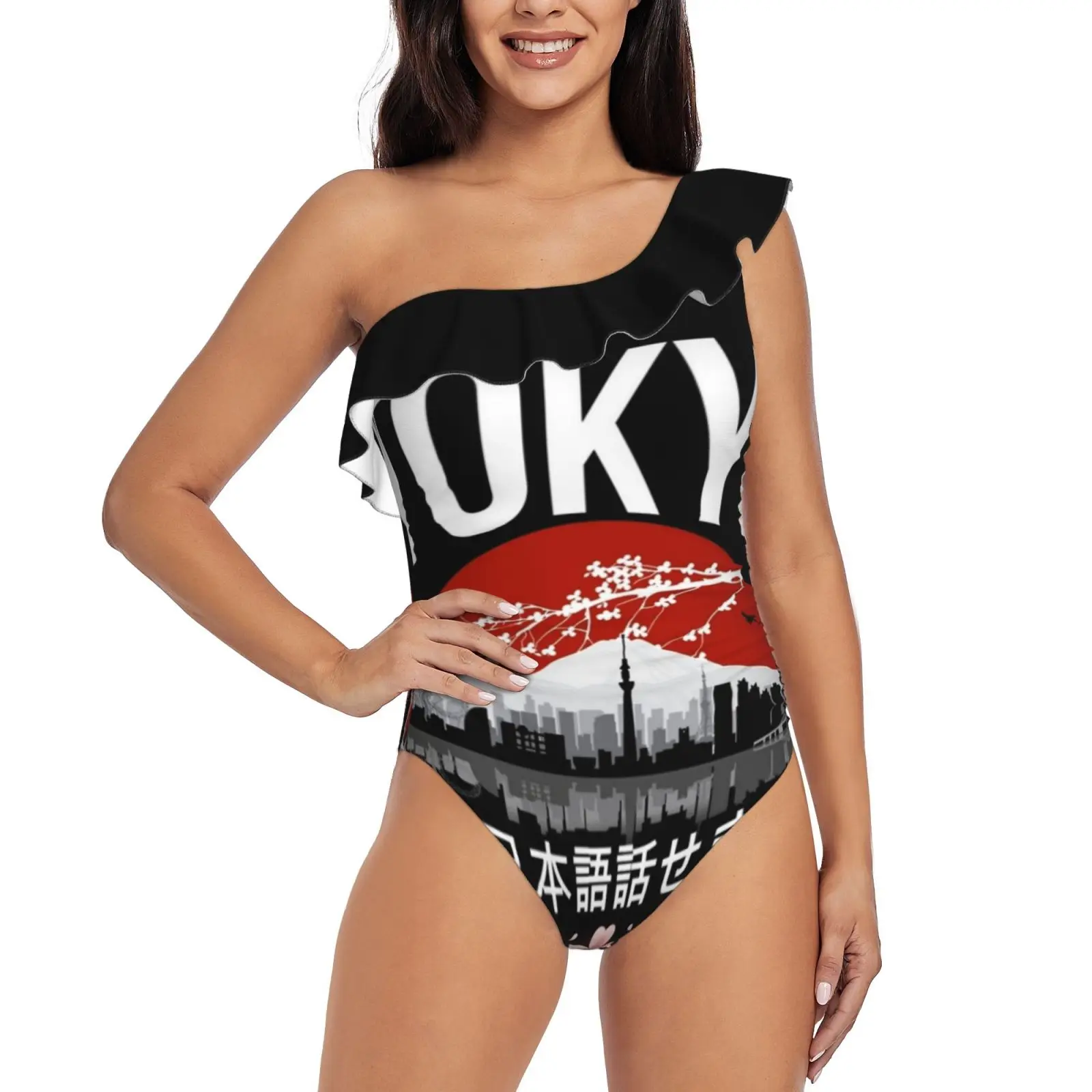 Tokyo-I Don’T Speak Japanese : White Version One Piece Swimwear One Shoulder Ruffle Swimsuit Women Backless Bathing Suit Japan