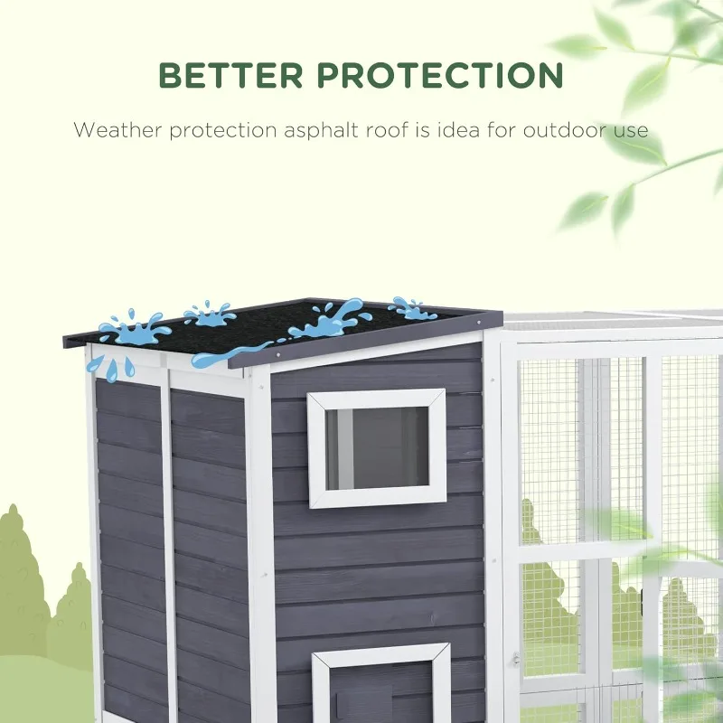 Outdoor Catio Cat House Wooden Feral Cat Shelter Cage with Platforms Waterproof Asphalt Roof Ramps 77" L Light Gray
