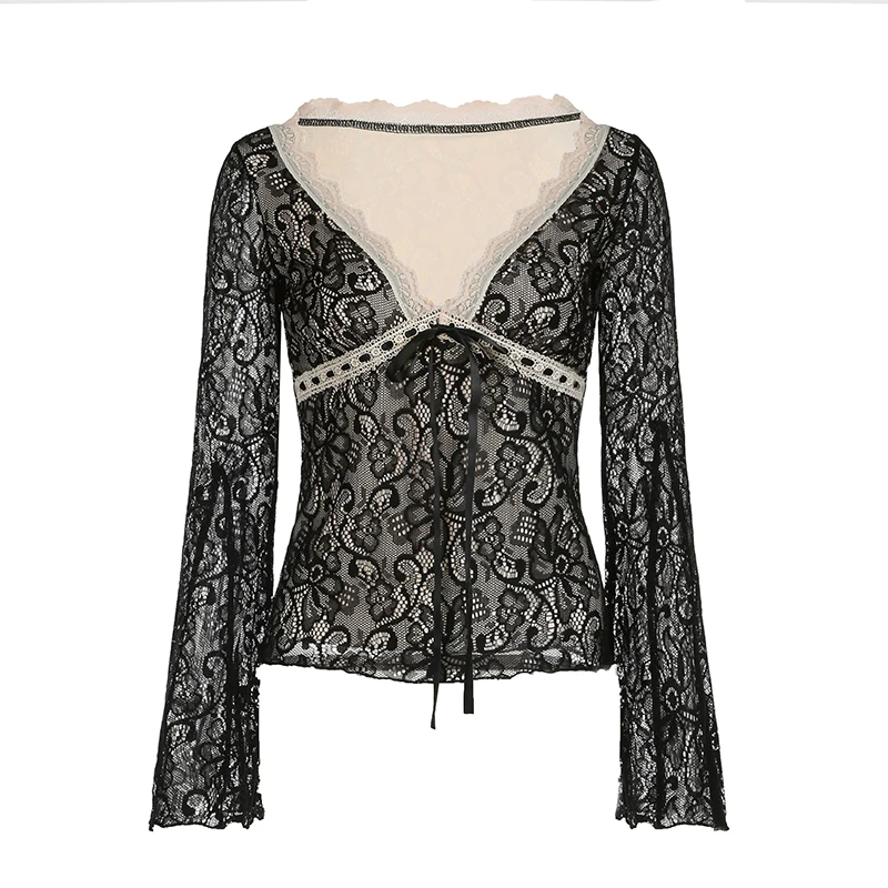 Elegant Lace V-neck Top Vintage Aesthetic Classic Style Long Sleeve Lace-up T-shirt Grunge Chic Sexy Tee Streetwear