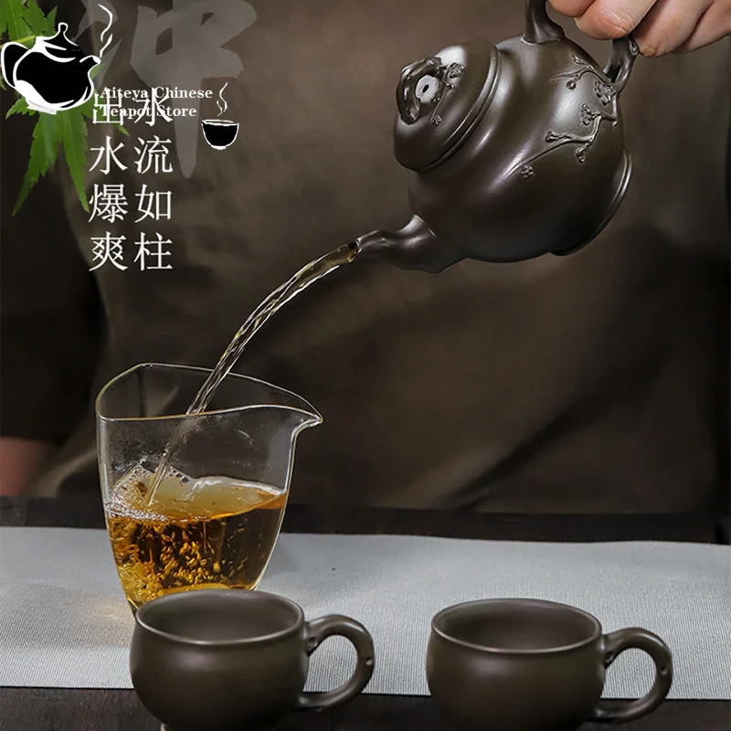 Yixing handmade purple clay teapot, jade, green purple clay, plum blossom, spring, one pot, two cups, Kung Fu tea set, teapot 32