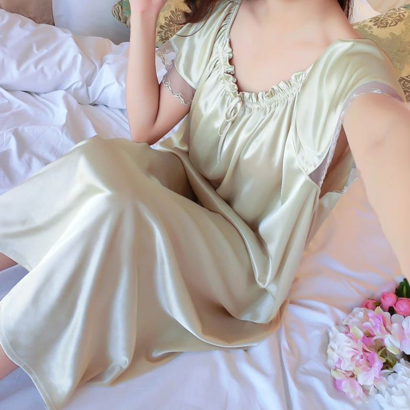 Women Night Gowns Sleepwear Lace Patchwork Nightwear Long Sleeping Dress Casual Ladies Home Dressing