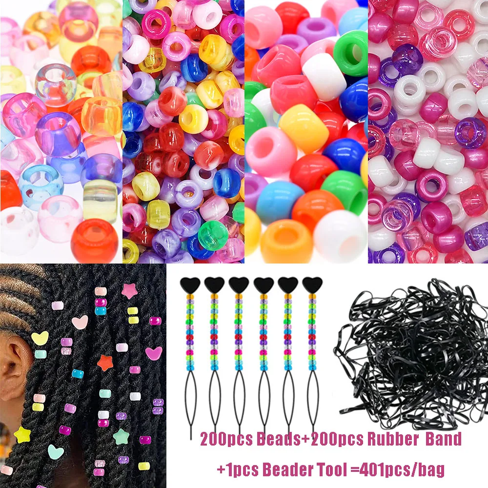 401Pcs/Bag Hair Beads Beading Kits for Kids Hair Acrylic Rainbow Beads  Elastic Rubber Bands for Braid for Hair Accessories