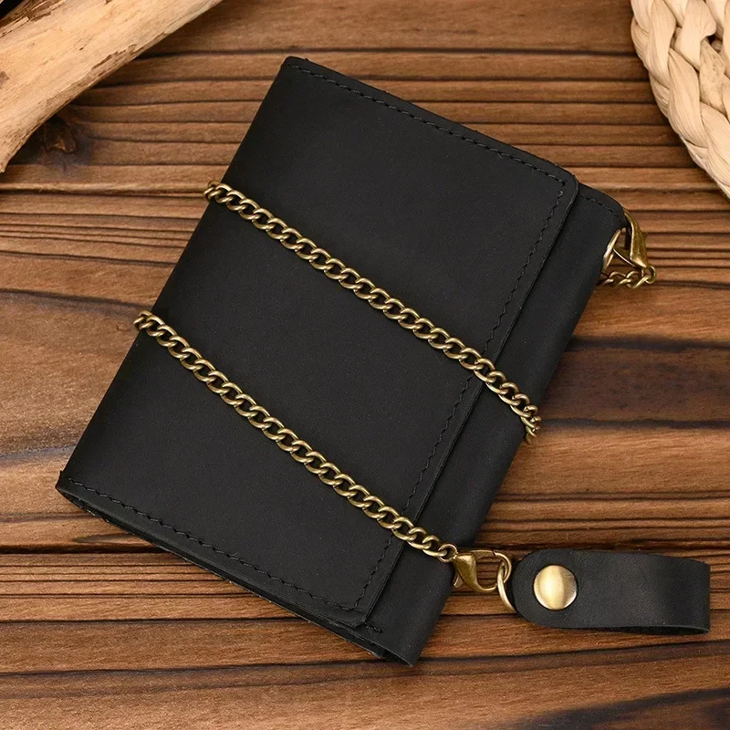 Men Genuine Leather Short Wallet with Chain Zipper Clutch Wallets Male Short Trifold Purse Card Holder Change Coin Purse 4