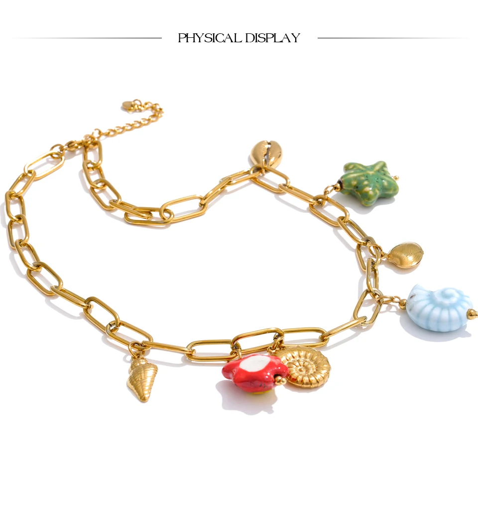 Yhpup Ozean-Stil, exquisite Keramik-Muschel, Seestern, Schildkröte, Tropfen, goldene Halskette für Damen, Edelstahl, trendiger Schmuck – Detail 9