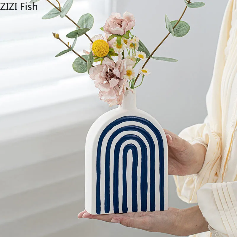 Blue and White Stripes Ceramic Vase Desk Decoration Artificial Flower Decorative Flower Arrangement Vases Room Aesthetic Decor 4