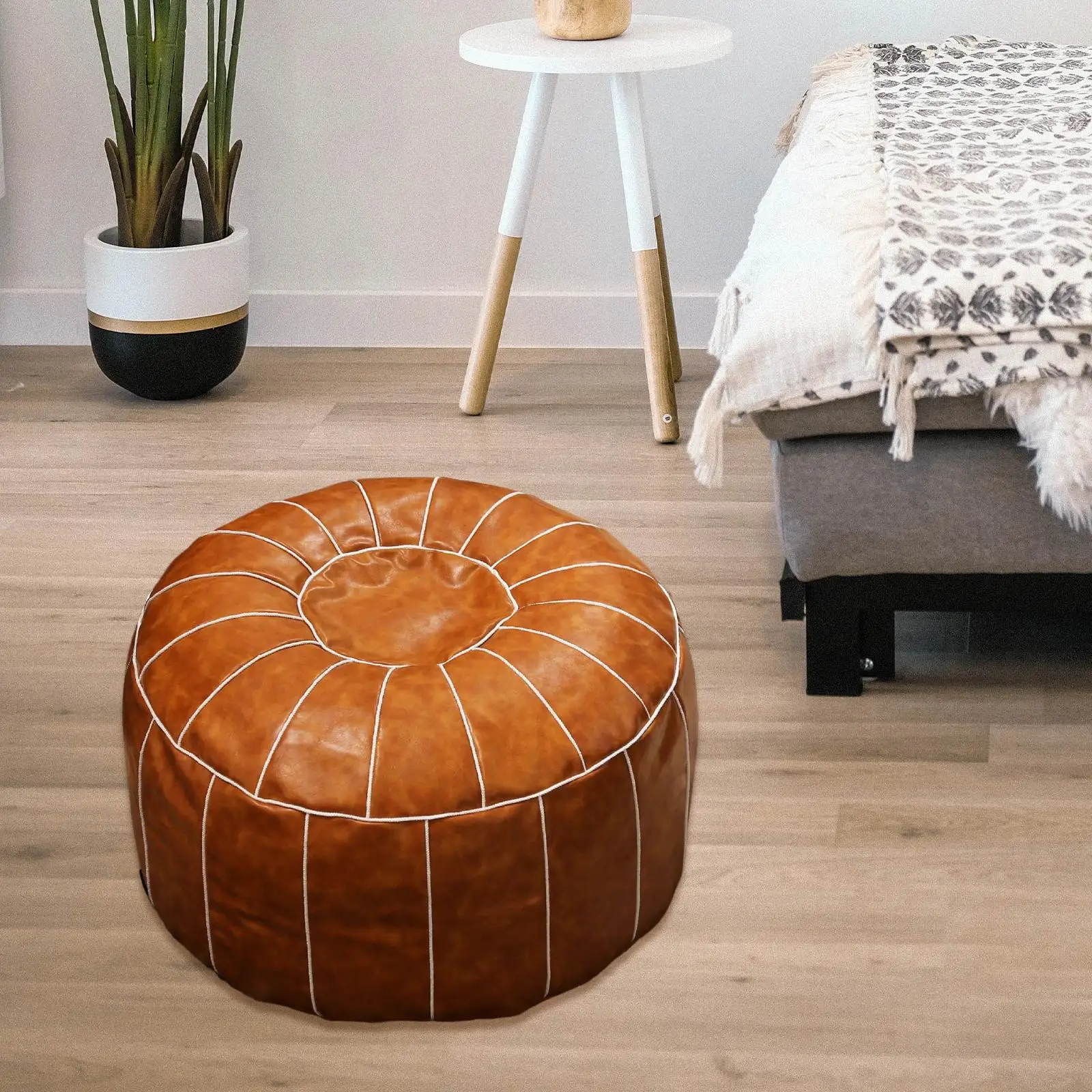 Pouf Cover PU Leather Footstool Ottoman Pouf Unstuffed Round Floor Cushion Footrest Cover for Living Room, Bedroom