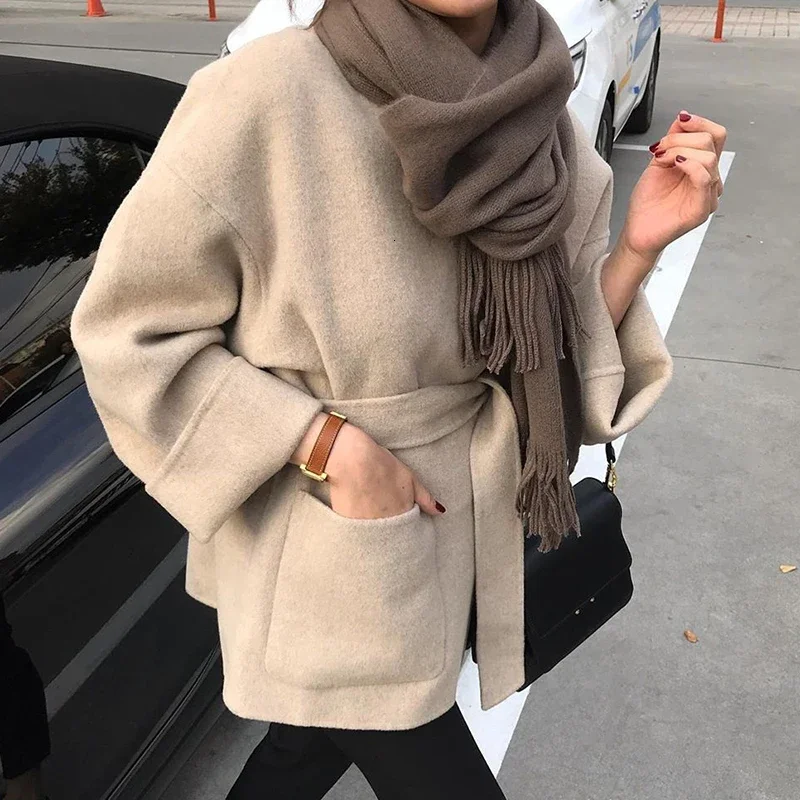 2024 Autumn Winter New Minimalist Elegant Thick Warm Woolen Coat Korea Style Plus Size Blends Wool Coats Feminino Lazy Overcoat