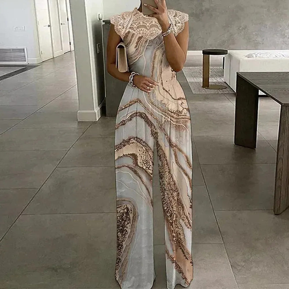 

Women's Fashion Printed Lace Patchwork Sleeveless Round Neck Loose Casual Jumpsuit Wide Leg Pants summer