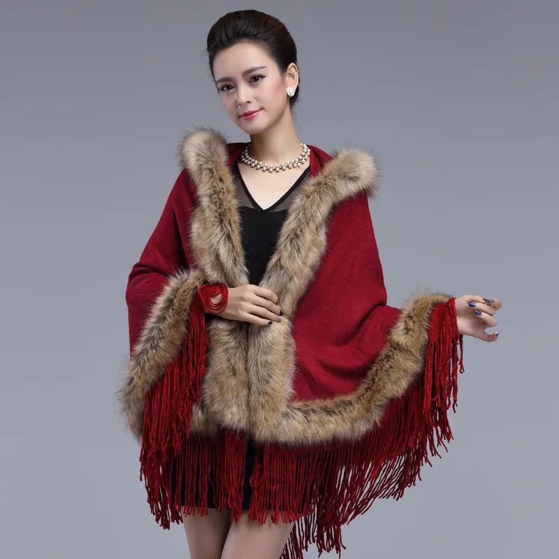 

Autumn Winter Imitation Raccoon Fur Collar Hooded Cape Tassel Knitted Coat Warm Poncho Lady Capes Red Cloaks