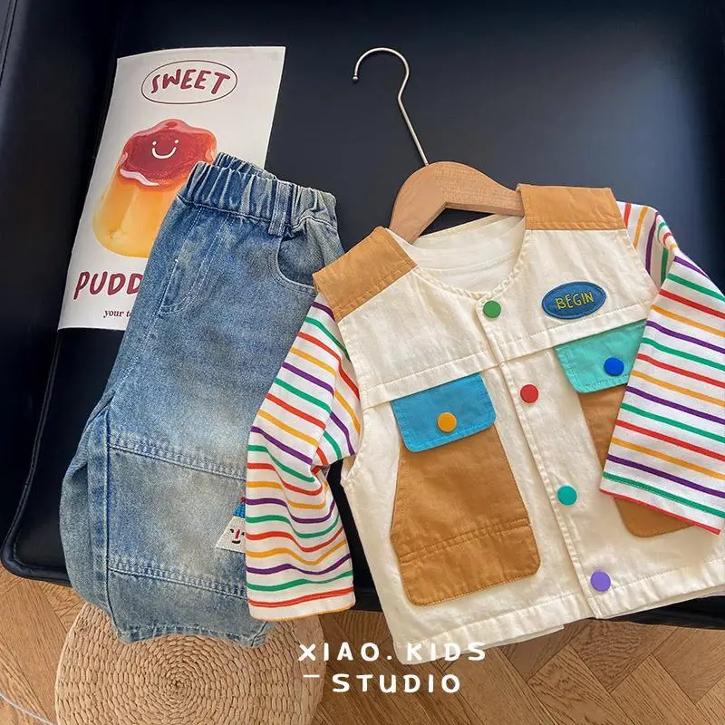 Spring Autumn Children Patchwork Vest 1-8Y Boys Cotton Pockets Casual Waistcoats Kids Girls Tank Tops Korean Toddler Outerwear
