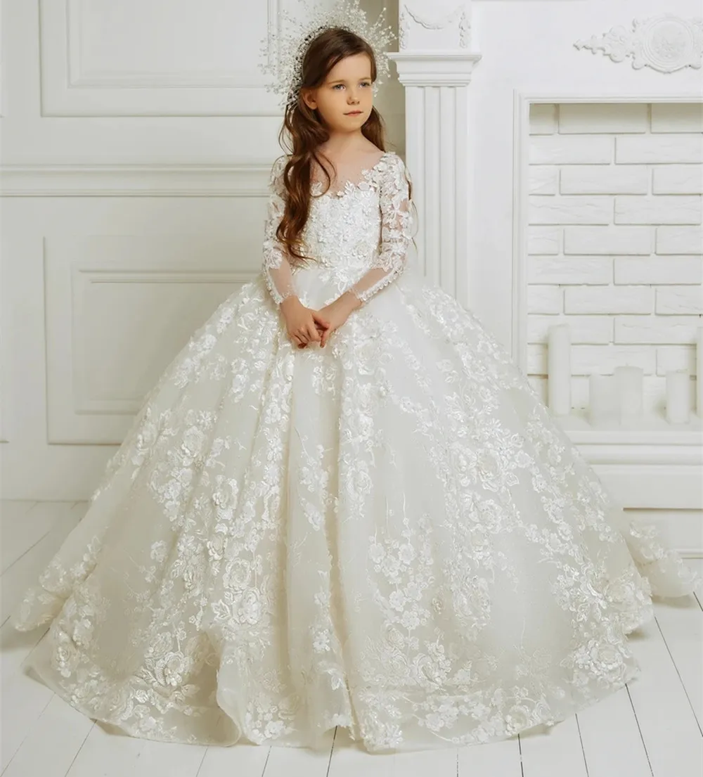 Luxurious Ivory Long Sleeve Flower Girl Dresses For Wedding Prom Party Girls Lace Floral Appliques Pageant Gowns