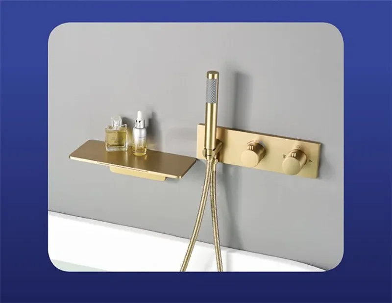 Description Picture 4 of itemBrushed Gold Bathtub Shower Faucet Set Brass Thermostatic Tap Mixer With Handheld Waterfall Black