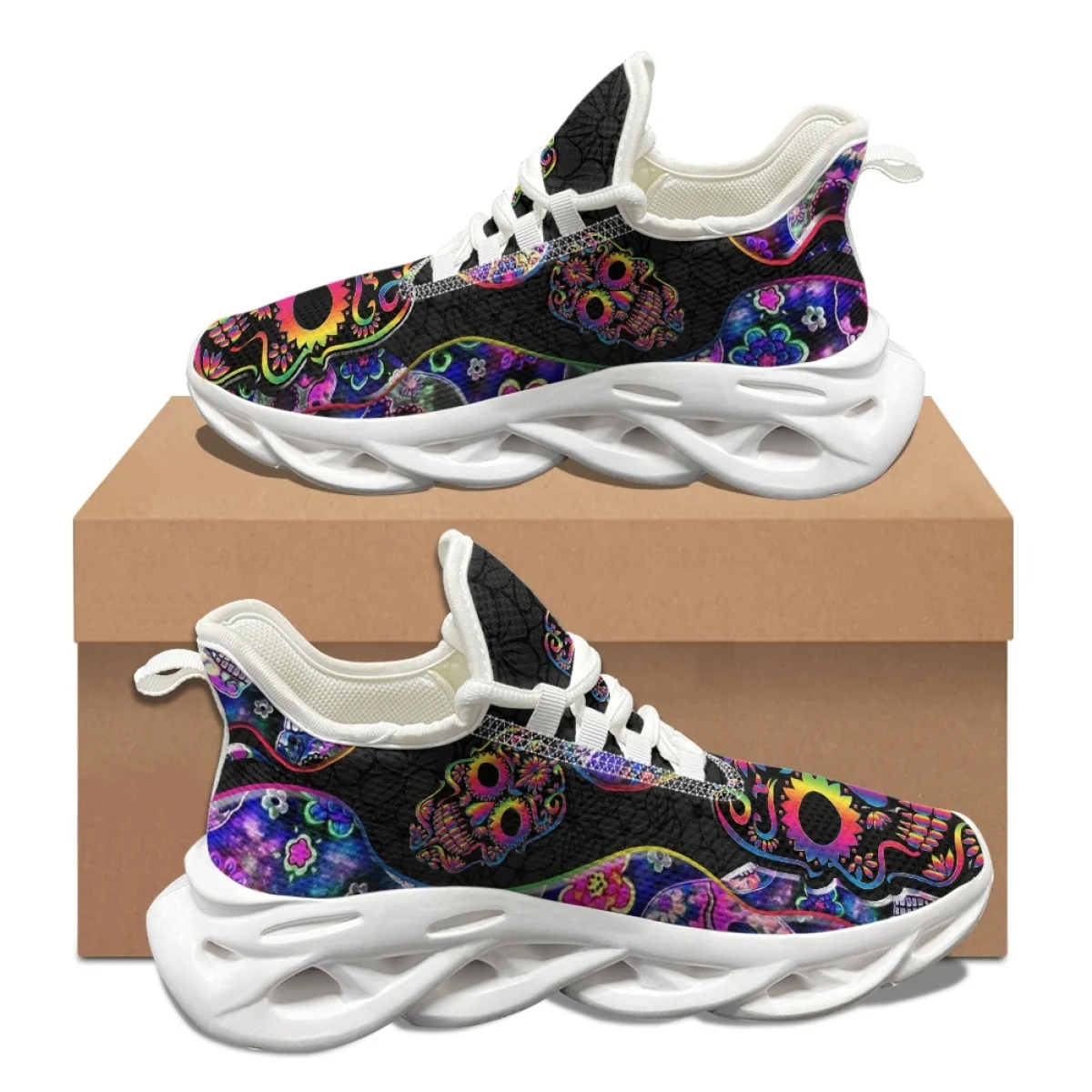 INSTANTARTS Lightweight Non-Slip Sneakers Psychedelic Flower Skull Print Mesh Platform Shoes for Women Outdoor Cushion Footwear