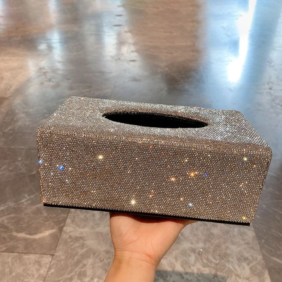 Leather Tissue Box with Rhinestones Car Container Desktop Napkin Toilet Holder Storage Case Home Living Room Paper Dispenser 2
