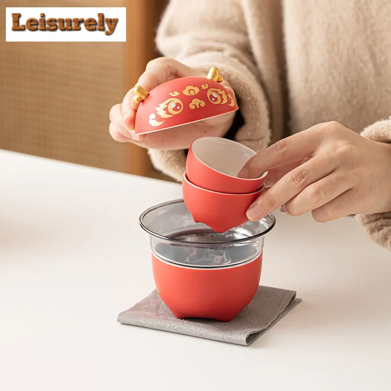 China-chic Red Dargon Travel Tea Set Kit Handmade 1 Pot 2 Cups Household Tea Brewing Travel Tea Set Portable Stock Bags Cafe