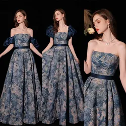 100% Real Photo Prom Dress Blue Flower Pattern A Line Princess Party Evening Dress With Detachable Sleeves Robe De Mariée