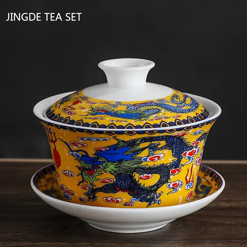 Tazza Gaiwan In Porcellana Jingdezhen 200 Ml - Set Da Tè Cinese Con Coperchio E Piattino