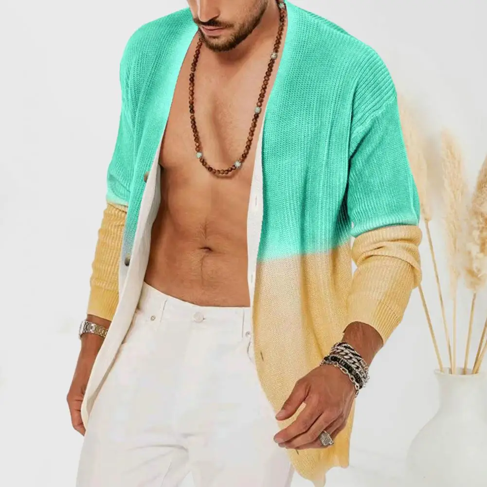 

Color Matching Cardigan Loose Fit Coat Gradient Contrast Color Men's Long Jacket Cardigan Stylish Single-breasted for Fall