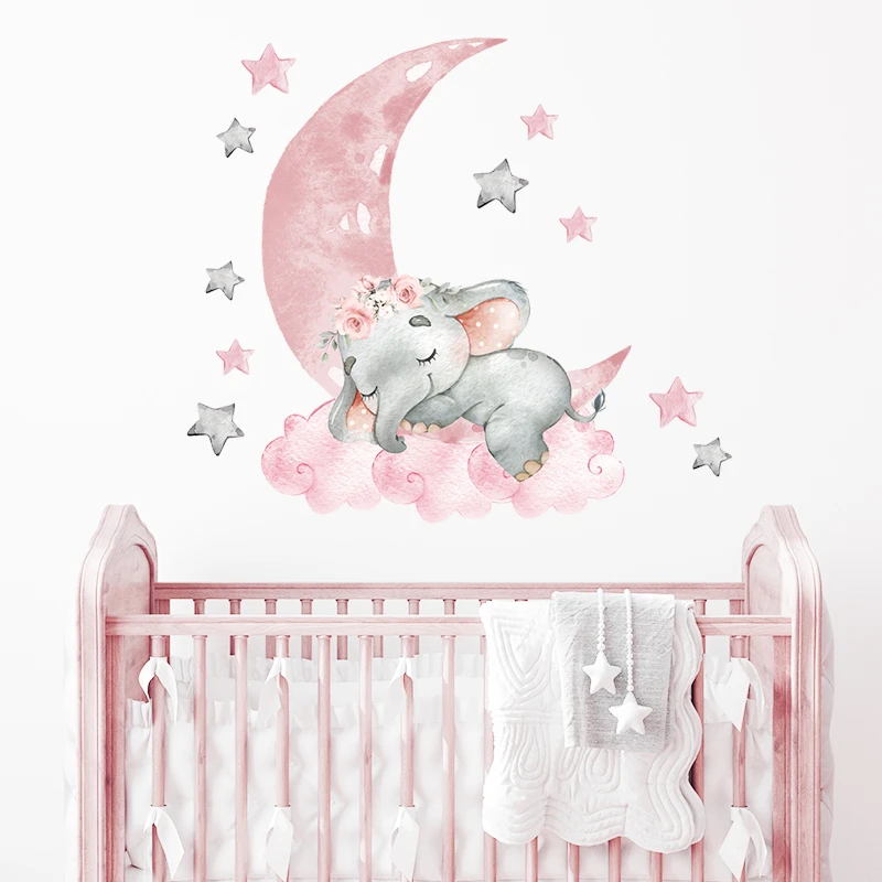 Cartoon Pink Baby Elephant Wall Stickers Hot Air Balloon Wall Decals Baby Nursery Decorative Stickers Moon and Stars for Girl Wall Stickers discount