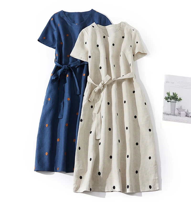 

2023 New Literary Vintage Women Dresses Polka Dot O-Neck Cotton Midi Dress Short Sleeve Pockets Bowtie Sundress Vestidos